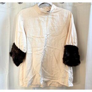 Zara Womens Top Oversized Large Faux Fur Sleeve Old‎ Money Linen Blend 19252x